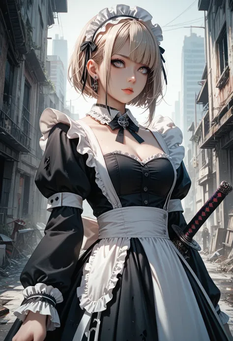 An anime girl is in an abandoned city with a sword,8 K, Anime Style 4k,  gothic maid style anime girl , 2.  5d cgi anime fantasy art, ,