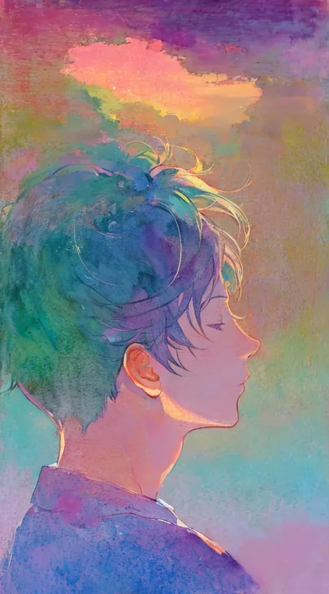 Watercolor、 pale shade、Beautiful colors、 Spend the daytime  、boy closing his eyes、 cool 、 profile 