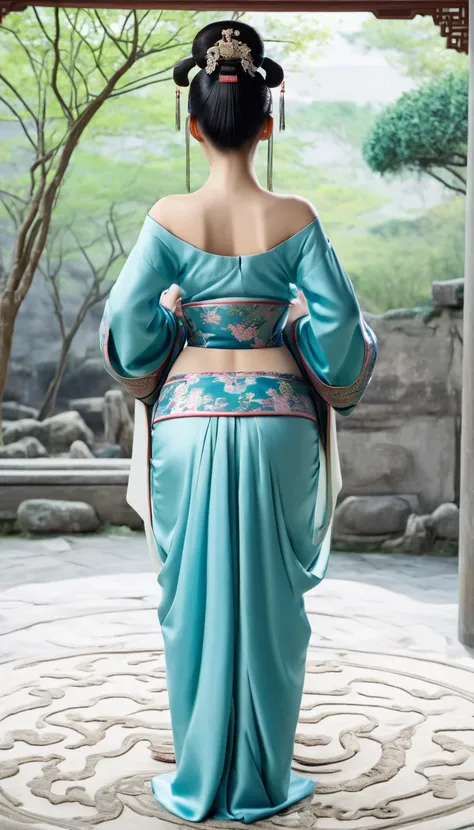 ultra-realistic, masterpiece, hyper.realistic, asian women, ((wide hip)), small waist, wearing ancient chinese clothes, busty, sexy, pov from behind, facing toward camera, full body photo