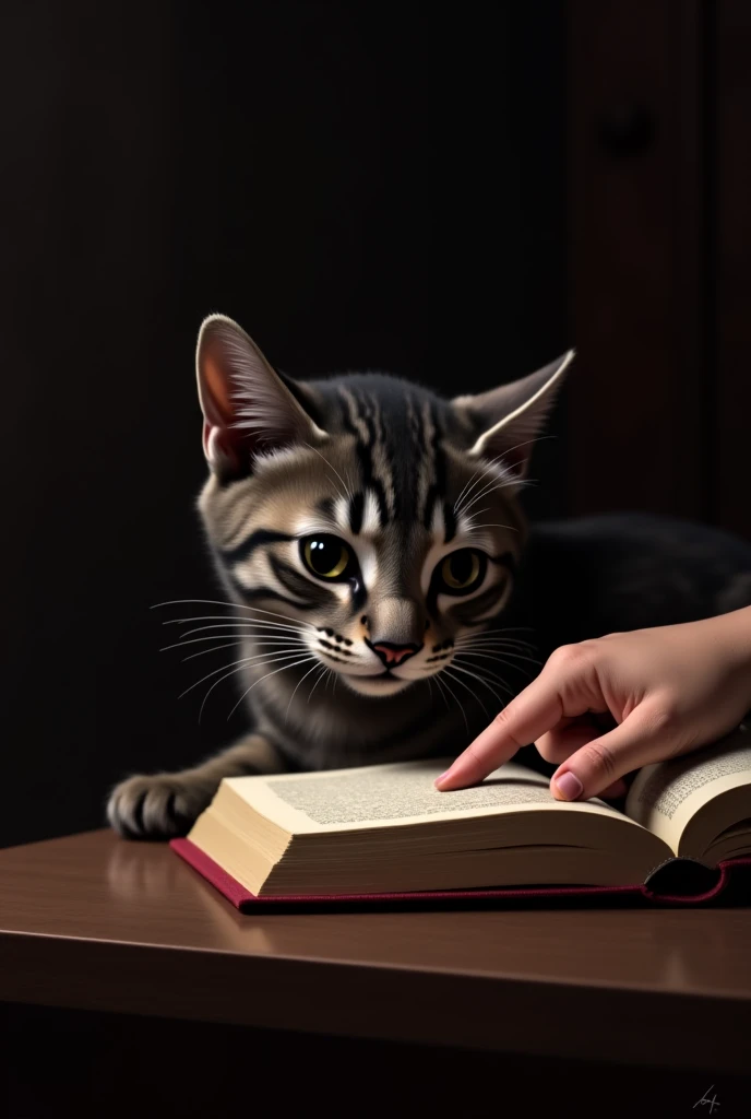  The cats eyes glanced at the book being held , glances towards the book to the left and press .  And his hand touched the top of the book being read