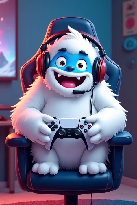 Créer une image dun Yeti joyeux qui joue aux jeu vidéo avec un casque gaming et une manette ps5 sur une chaise gaming  en cartoon 