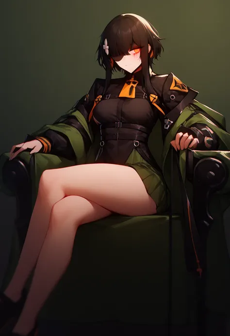 Anime girl sitting on a chair with a green object in her hand, detalhes finos. girls frontline, do girls frontline, Ecchi,  seductive anime, Ecchi style, Ecchi anime style,, Cheeky anime witch casting magic , , Dark scene noir ,nsfw