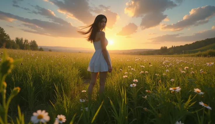 beautiful woman in short dress standing in meadow as first light of dawn begins to touch the horizon.