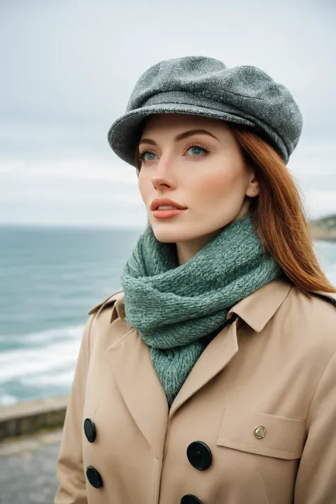 a realistic front-view portrait photography of a beautiful woman with green eyes standing in a town with ocean view, close-up shot, look up to the sky, detailed beautiful meek face, photo take by film camera, fashion lookbook, she has ginger hair, she wear...