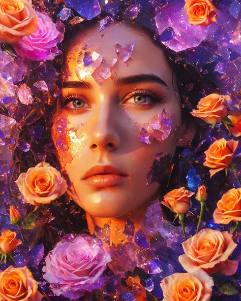  Compose a profoundly emotional and visually striking image depicting a young Norwegian woman in the Garden of Eden.,  with delicate roses in the background .  Incorporate elements of abstract art with an aspect ratio of 1 .. 6 and a broken glass effect , ...