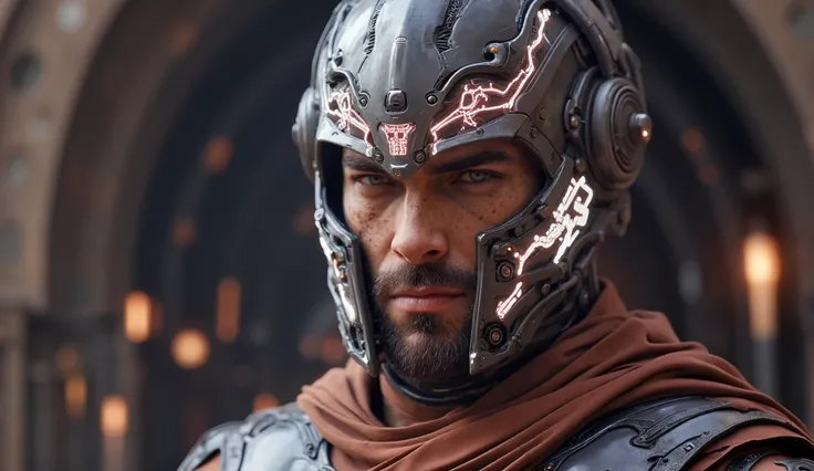 "A cybernetic Maximus Decimus Meridius wearing futuristic Roman armor with intricate glowing patterns, standing in the middle of a battlefield. Use the helmet of the image for a futurist new design of the helmet."