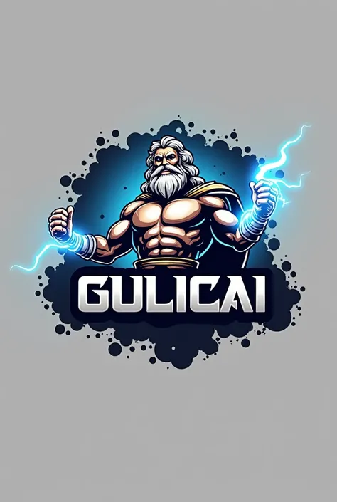 
Make a logo with Zeus behind and in the middle written Gulicai highlighted with black borders with a gray background and Zeus holding a blue ray