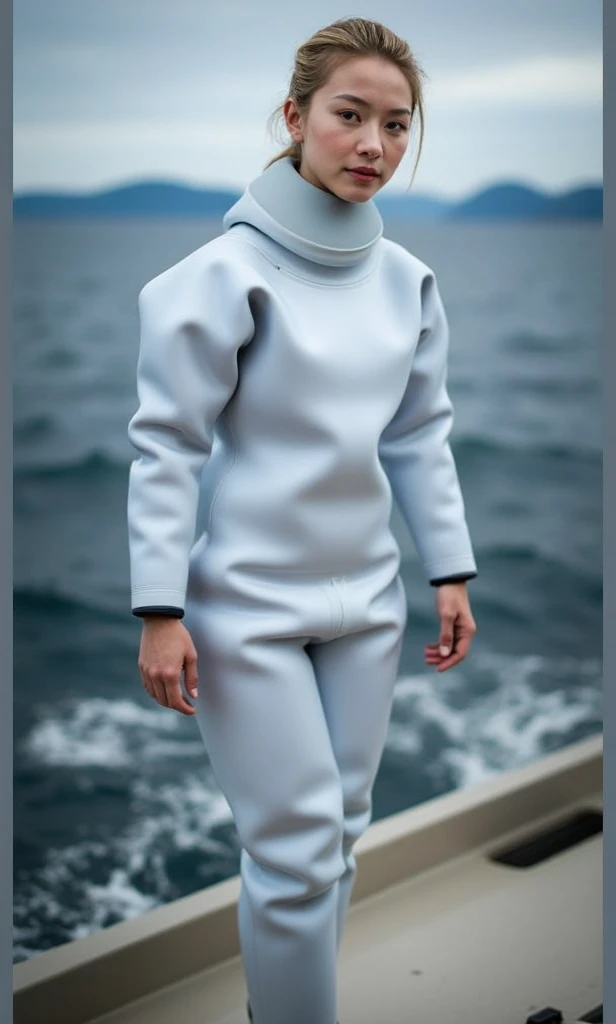 A documentary photo, Photo-realistic, ultra-realistic, (Japanese beautiful young woman, famous Japanese idol, boyish cool face:1.3), wetlook rubberish white clothes,, she is a military diver of Japan navy, experienced military diver, wearing a professional...