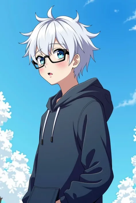 
anime boy with glasses and a hoodie standing in front of a blue sky,  an anime drawing inspired by Alya Sometimes Hides Her Feelings in Russian, trend on pixiv, what is?,  anime moe art style , anime boy, High quality anime style art,  tall anime man with...