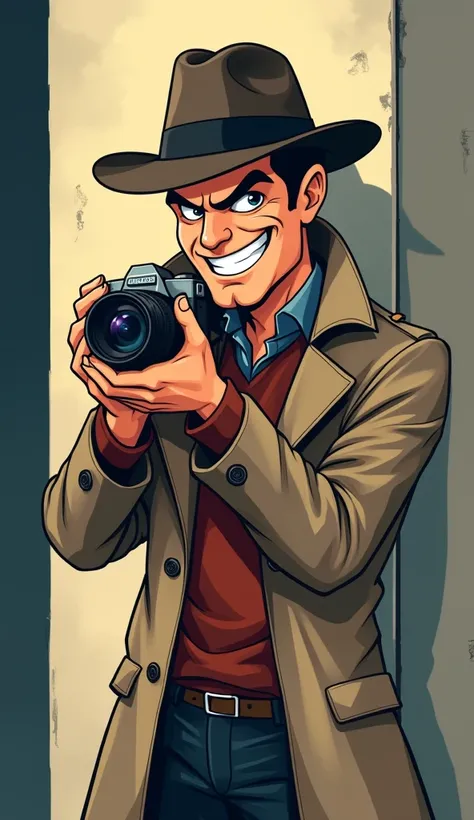 Create a cartoon in the form of a man secretly holding a camera