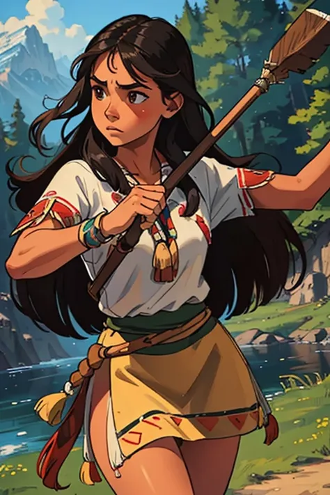  Beautiful,  detailed by a young Native American girl with dark hair,  small figure , warm skin tone, tomahawk, ( top quality ,4K,8 k, high resolution, masterpiece fails:1.2), ultra-detailed ,( realistic), intricate Native American costume , wildlife backg...