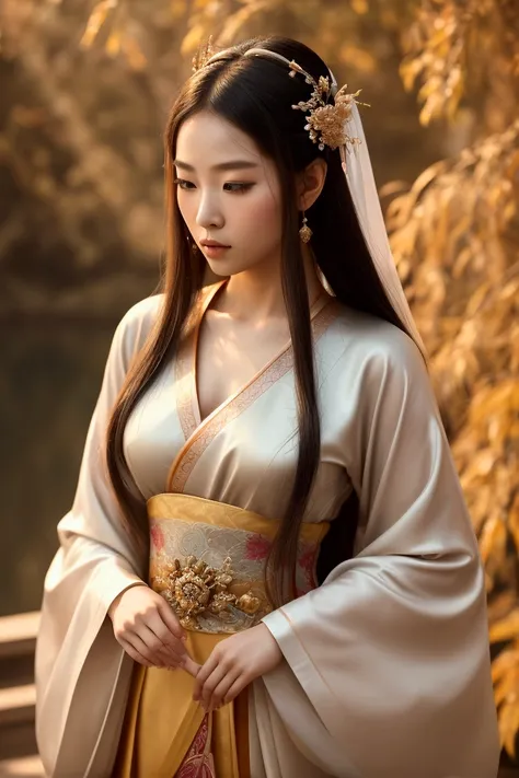 A mythical Chinese princess or goddess performs in an idyllic setting filled with flowers and an imposing palace landscape in the background. She wears a long, elegant hanfu of traditional cut, her flowing robes and hair gracefully billowing as she plays h...