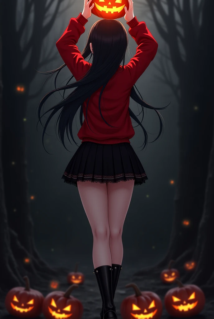 anime girl, goth, back view, girl stands in jack-o pose, wears skirt and red sweater. 