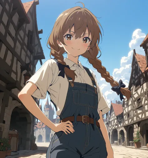 {{Artist: sincos}} 1girl, twin_braids, braid, solo, outdoors, brown_hair, shirt, smile, brown_eyes, long_hair, holding, white_shirt, hand_on_hip, short_sleeves, belt, looking_at_viewer, collared_shirt, bag, weapon, day, closed_mouth, overalls, bangs, build...