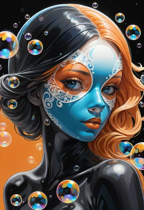 masked, female, polished, soap bubbles, lineart PStyl3, negative space, abstract, intricate, iridescent, hyper-quality, hyper-detailed, orange/blue/black/white,