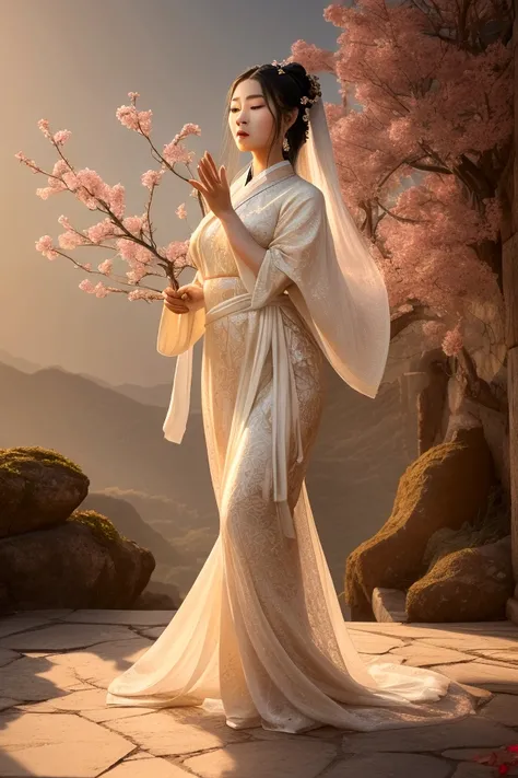 A mythical Chinese princess or goddess performs in an idyllic setting filled with flowers and an imposing palace landscape in the background. She wears a long, elegant hanfu of traditional cut, her flowing robes and hair gracefully billowing as she plays h...