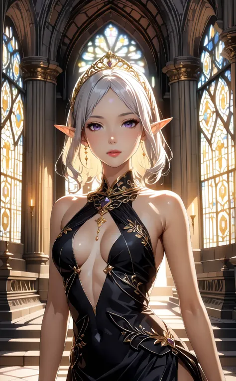 (masterpiece, ultra quality, official art, 8k, beautiful and aesthetic, extreamly detailed:1.3), (1 elf lady), solo, (cowboy shot:1.3), (Scenery inside the cathedral), anatomically correct, absurdres, (well-defined facial features, perfectly proportioned f...