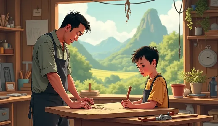 Illustrate a workshop scene where Nam, the young apprentice, looks distraught after accidentally damaging a piece of valuable wood. Mr. Hòa stands nearby, examining the wood with a thoughtful expression. Instead of anger, his gentle presence reassures Nam,...