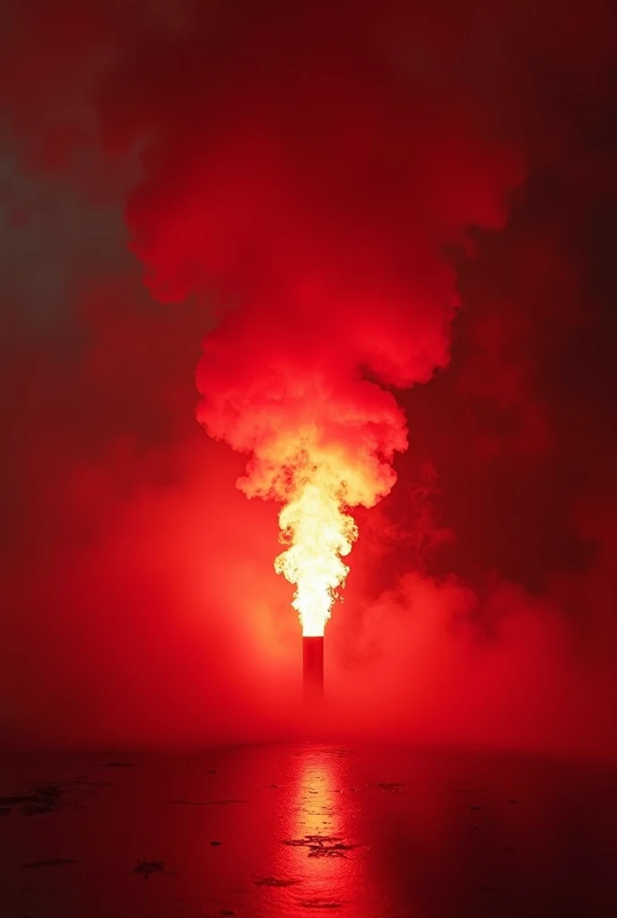 Burning flare emitting smoke on the floor with a red filter