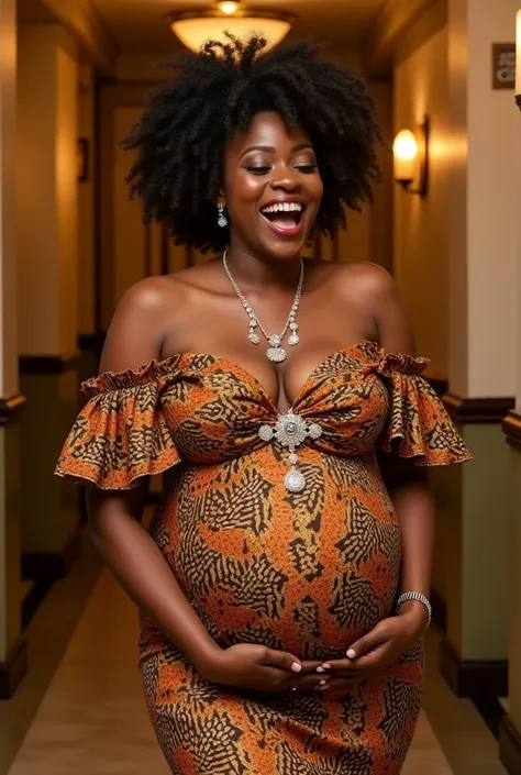 Full image of a beautiful tall brown skinned African woman in short curly brown hair dressed in brown flayed Ankara gown with ruffled sleeves and v-neck, and designed with African prints. She’s adorned with jewelries and makeup, and in her third trimester ...