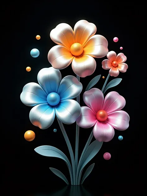 The image depicts a digital artwork of five stylized flowers with metallic-looking petals. Each flower has a different colored center: yellow, blue, pink, and orange. The petals are silver with a gradient effect, giving them a shiny, reflective appearance....