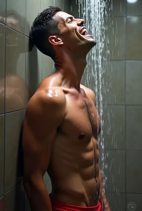 Cristiano Ronaldo fucking messi, big feet, naked in the shower washing , Head falling back ,  water falling on your face, Muscular, , , hairy chest ,  hyper realistic , high detail,  high quality, spiderman, cock