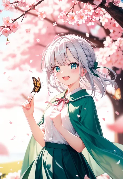 Blurry, Blurry_foreground, Depth_of_Field,  petals,  butterfly , bug, cherry blossoms_blossoms, Blurry_background, green_ butterfly , Movement_Blur, flower, Elaina_(May_ no _gossip), 1人of女of子, open_mouth, length_hair,  pink_flower,  braided , fall_ petals,...