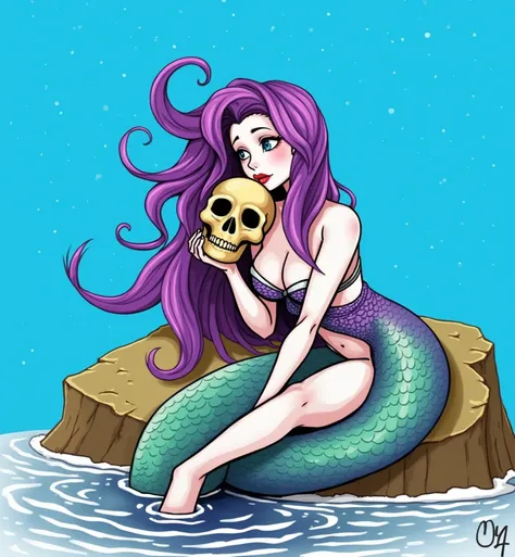 Mermaid sitting on rock, drinking from human skull, purple hair, curvy, starry sky