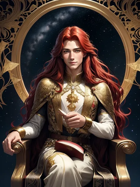 A (handsome 20 year old man)++ with (long red hair)+++, (golden eyes)+++, storyteller, wearing (starry clothes)+++, holding a book, surrounded by starry magic, Art Nouveau style, inspired by Alphonse Mucha, , intricate details, elegant and ornate, high det...