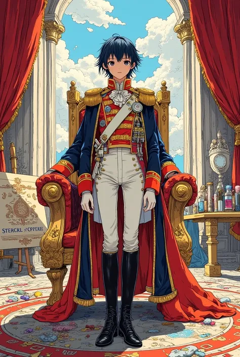 A vibrant anime/manga-style illustration set in the Second French Empire, featuring "The ruler of a nation." The central figure is a charismatic, youthful emperor with sharp, expressive eyes and a confident demeanor. He is dressed in an elaborate, Napoleon...