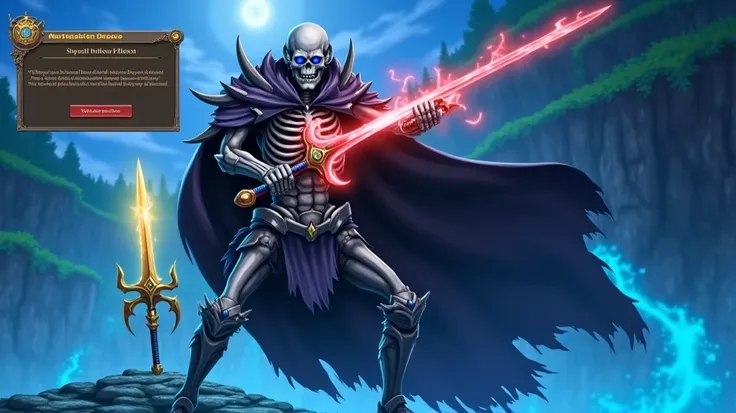 Create an anime-style fantasy scene with a somber yet epic mood. In the center depicts a skeleton warrior in tattered armor with burning blue eyes. In one hand he clutches a demonic sword with a blazing red aura, while nearby on a pedestal is a divine swor...