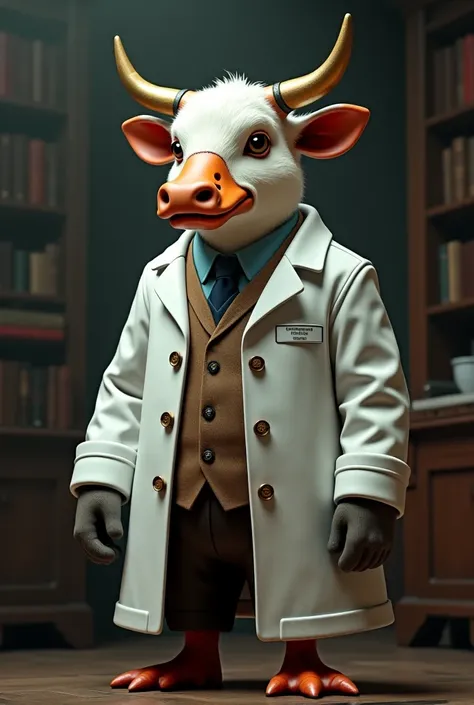 I want a bull with duck head wearing lap coat like a doctor
