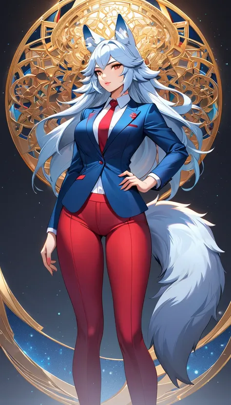 A stunningly detailed (((digital art piece))) inspired by the concept of High tech fantasy, featuring a (((anthro wolf goddess))) dressed in a sleek, red and blue power suit, poised in a confident pose, with a (((wolf tail))), exuding an air of sophisticat...