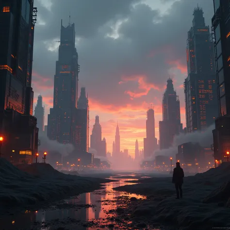 Burning futuristic sci-fi city in the horizon, ground-based view