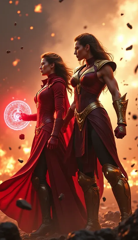 
An ultra-realistic, cinematic scene featuring Scarlet Witch from Marvel and Sheeva from Mortal Kombat standing side by side in the midst of an epic battle. Scarlet Witch emanates chaotic red energy, her hands glowing as she conjures intricate magical rune...