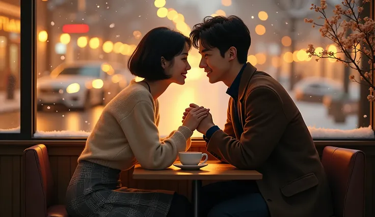 scene: " My name blooming on your lips that called me like a flower "

background:
Winter evening ,  A cozy café located by the window .  Streetlights scattered beyond the glass window ,  A street scene with snow falling quietly .

female:

head: 단정한 단발hea...