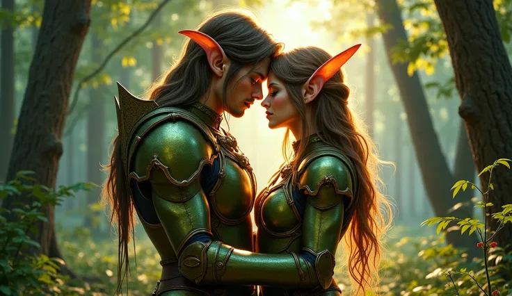 In a mystical forest clearing, a forest elf couple stands in a tender embrace, their love illuminated by soft, magical light. Both are clad in intricately detailed, glowing armor, reflecting the deep greens and browns of the forest around them. The female ...