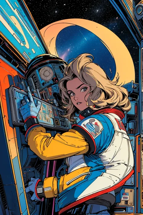 (((Top Quality Masterpiece ))),(((solo:1.2))),((( 1 woman :1.2))), 32K Highly Detailed Wallpaper , Retro Vintage Style ,(dynamic Angles),(((Overwhelming highlights))),((most complex machine)), American comics with a very flashy color scheme,80s space thril...