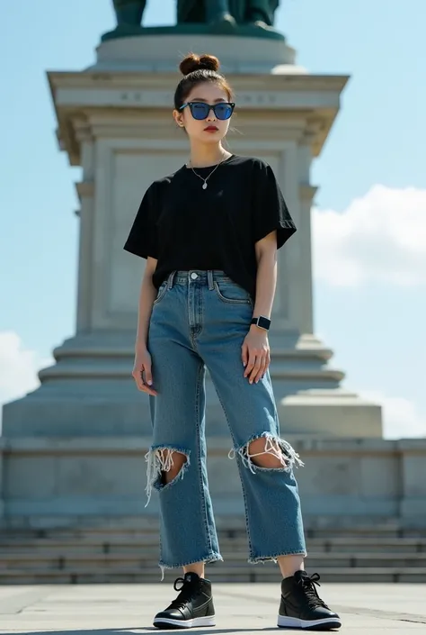 korean beauty  ,,  hair in an upward bun ,,blue eye glasses ,,  wearing a long black t-shirt ,,  ripped jeans ,,  standing near the statue of Libertadores wearing black and white Jordan shoes