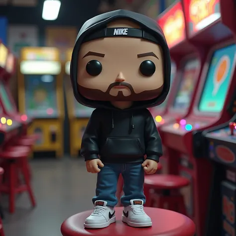  Create a funko pop in my original packaging . I am white .  Have dark green eyes .  A short beard . a bald.  wear a cap .  I wear a black hoodie . blue jeans.  white Nike Air Max shoes .  The funko pop should be in the packaging on a stool in an arcade ha...