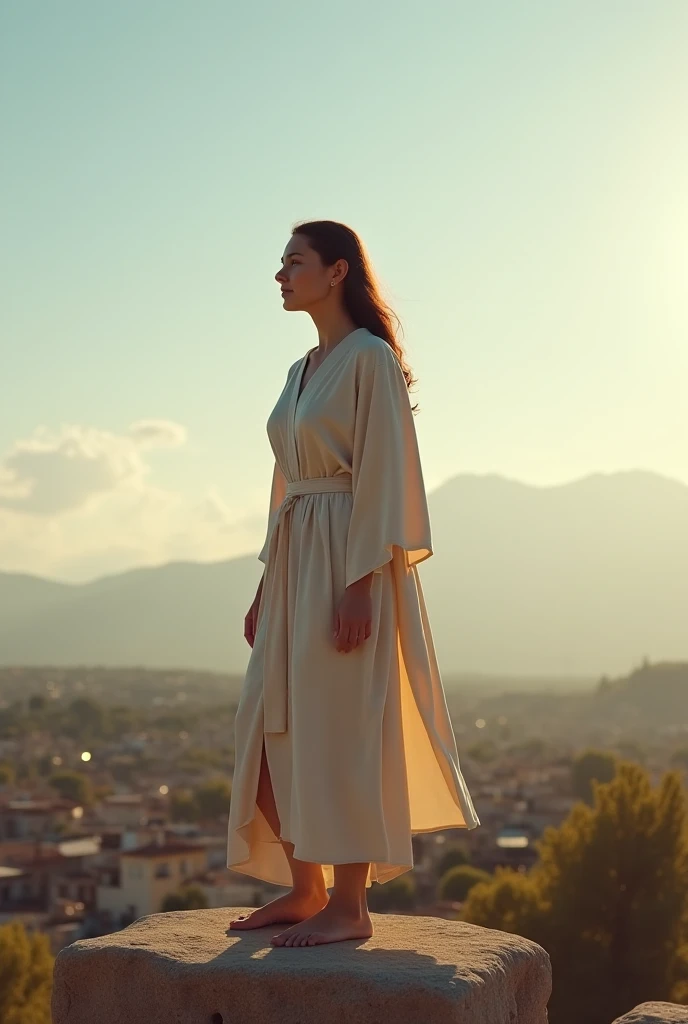 An inspiring image of a woman in simple robes, now a symbol of strength ,  standing on a small platform ,  with the community in the background .  His posture is firm and confident ,  as she shares her message of faith and overcoming.  The sky in the backg...