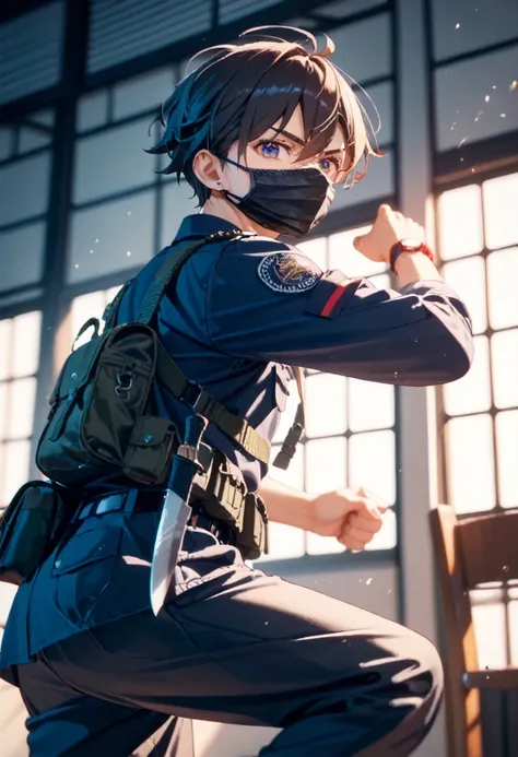 one boy, Combat Uniform、Karambit knife, fighting pose、mouth mask 