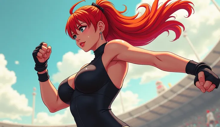 busty anime girl with red hair and tight bodysuit making sport