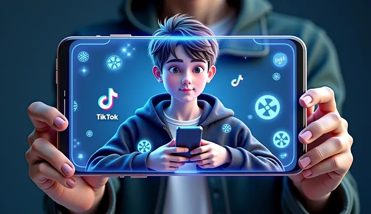 Create a 3d 2 boy full body, the boy is scrolling reels on mobile phone , he wear casuals, mobile screen should show as holographic screen beside of character in which he watching TikTok video ,8k very ultra realistic and modify it according to your perspe...