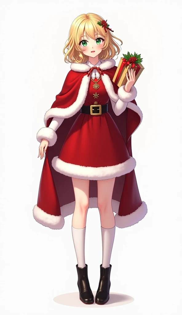 ((best quality,4k,highres,masterpiece:1.2)),((character concept art)), 1 female, holiday character, ((shoulder-length blonde hair with festive curls)), ((rosy fair skin)), ((bright green eyes)), petite figure with modest proportions, ((intricate detail)), ...