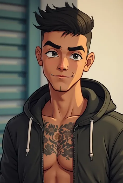  create the image of a 20-year-old American man with a strong smooth face, Cut hair with a drawing on the side , cold weather clothes, sorriso sexy,  with a tattoo that represents Earth from the cartoon avatar on the chest 