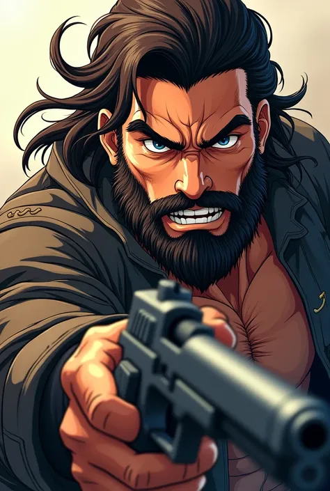 Anime picture of a man holding gun having beard and long hair with little curl. 