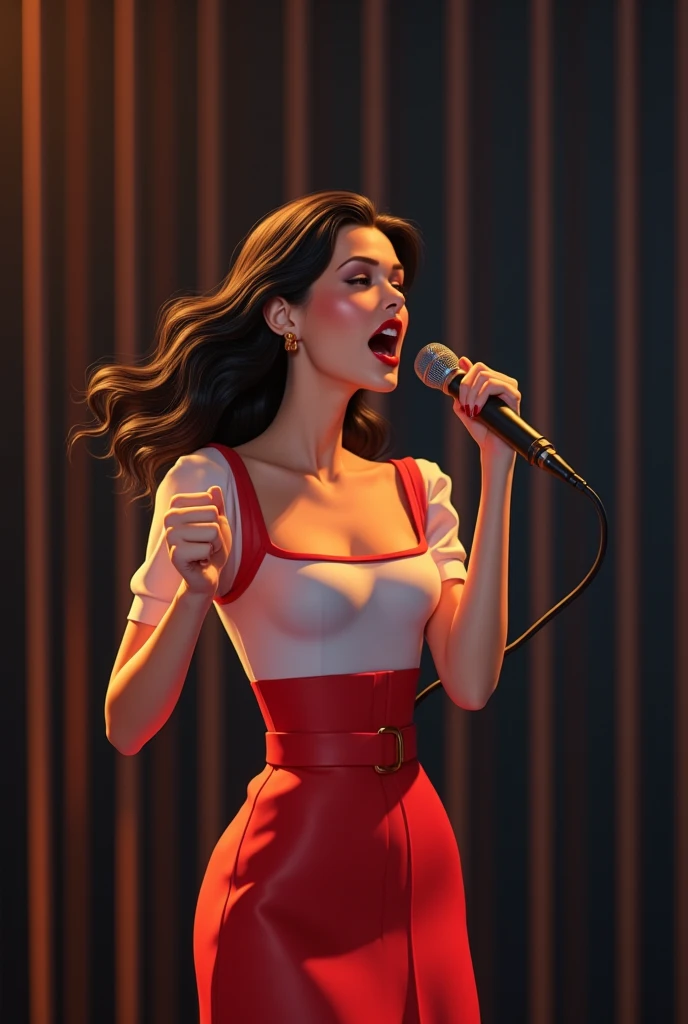 a woman in a red and white dress singing into a microphone, thom yorke singer songwriter, wearing a cropped top, in 2 0 1 5, jen atkin, dressed like in the 1940s, vertical lines, waifu, sexy, ayaka, she has black hair, clenched fist, minecraft skin, gentle...