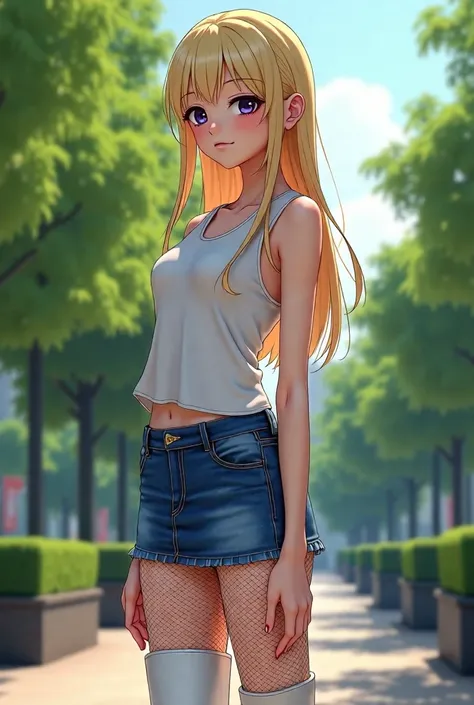 Fair skin, anime character beautiful young teenage girl,in city park Posing Kneeling on park bench showing her slender legs and beautiful high heeled shoes . She has long blonde hair dark She has strong makeup, blush, cutcrease eyeshadow, smudged eyeliner,...