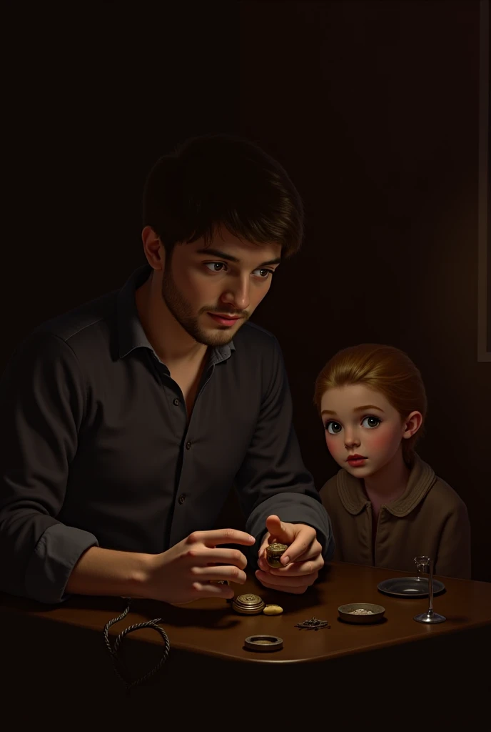 A young man and a young girl sitting while the man examine the watch carefully 